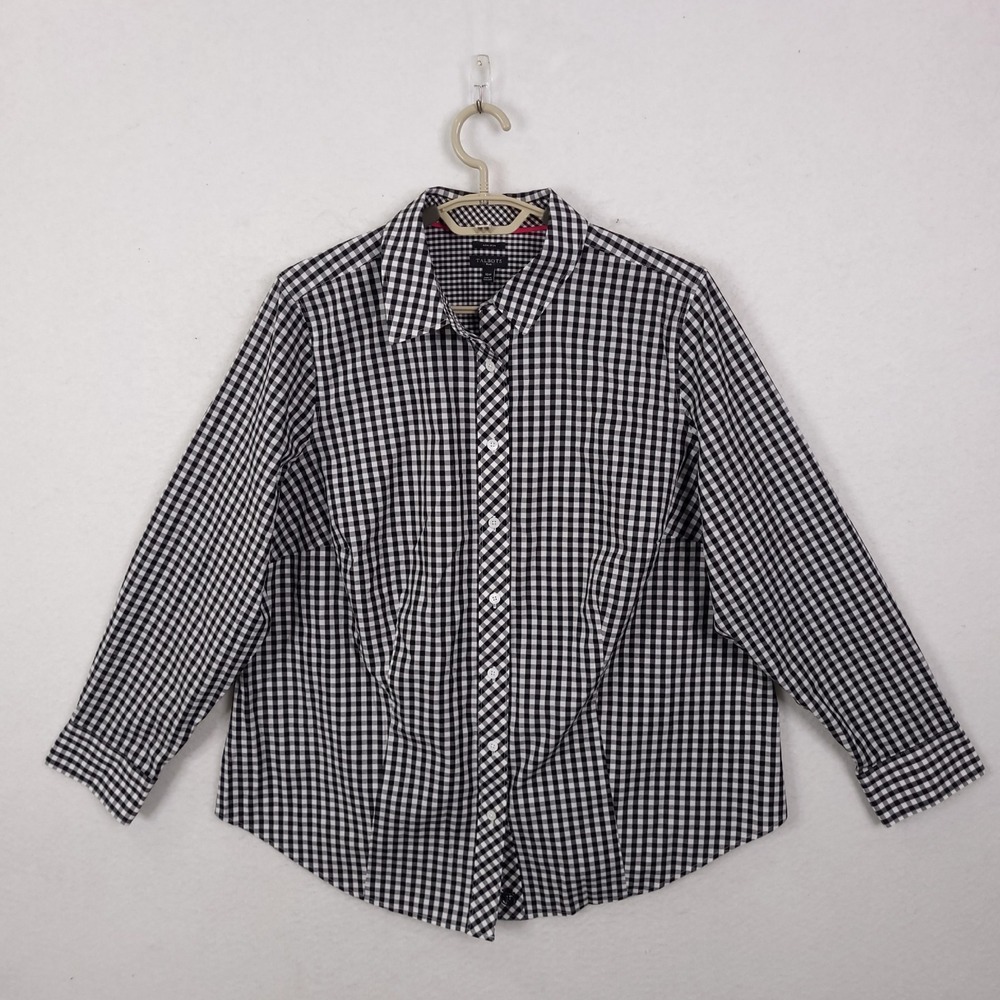 Talbots Button Up Shirt 16W Gingham Non-Iron Black White Long Sleeve Classic
